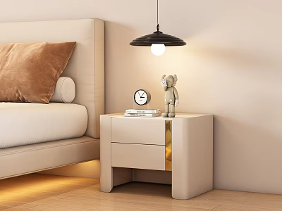Modern Minimalist Bedside Table With Gold Accent Drawer Alarm Clock Books And Pendant Lamp 3d model