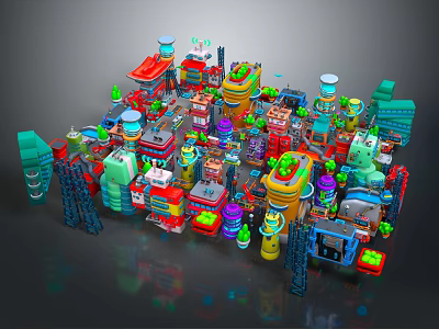 Colorful 3D Cartoon Scene With Various Buildings Towers Green Plants And Shapes 3d model