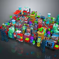 Colorful 3D Cartoon Scene With Various Buildings Towers Green Plants And Shapes