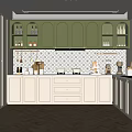 Elegant Modern Kitchen Interior With White Cabinets Green Upper Cabinets Patterned Backsplash And Herringbone Floor 3d model