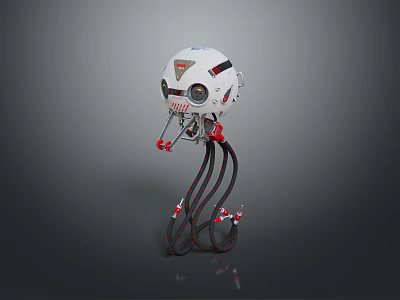 White And Red Mechanical Game Movie Character With Tentacle Limbs And Geometric Head 3d model