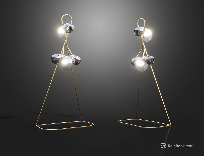 Modern Floor Lamp With Golden Triangular Stand And Spherical Glass Bulbs 3d model