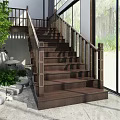 Wooden Staircase With Railings In Modern Interior Featuring Green Plants And Large Windows