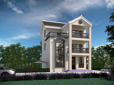 Two Story Detached Villa with Balconies Arched Windows Greenery Lawn and Blue Sky 3d model
