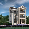 Two Story Detached Villa with Balconies Arched Windows Greenery Lawn and Blue Sky