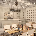 Modern Café Interior With Hanging Lights Wooden Partitions Green Plants Tables And Chairs