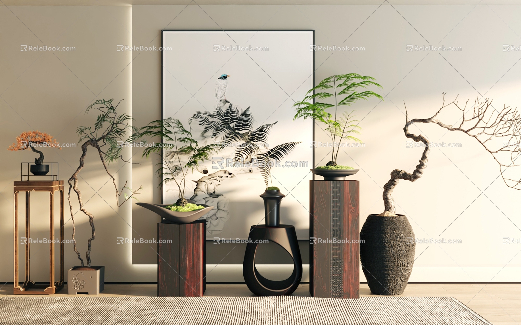 New Chinese Style Flower Set New Chinese Style Flower Rack New Chinese Bonsai 3d model