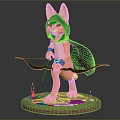 Cat Archer Wearing Green Cloak and Hood Holding Bow Standing on Base with Grass