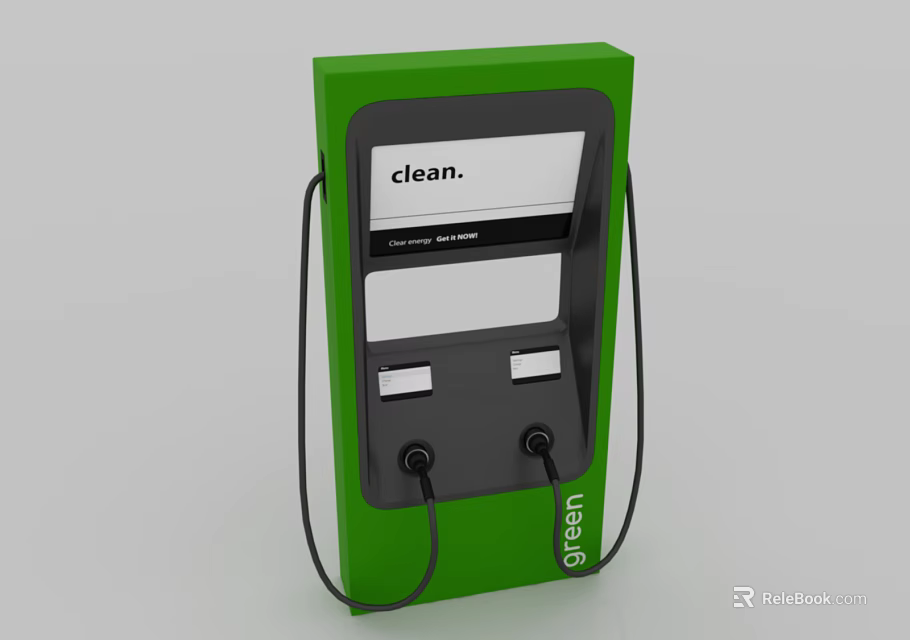 Green Clean Energy Charging Station With Dual Ports And Black Cables 3d model 