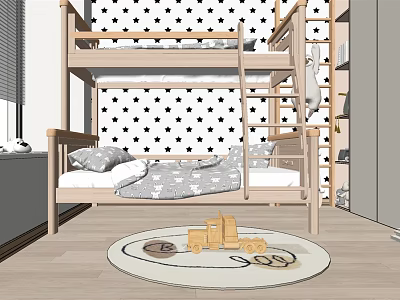 Kids Room With Wooden Bunk Bed Black White Polka Dot Wall Round Rug And Toys 3d model