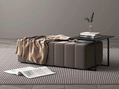 Modern Gray Tufted Bed Bench With Black Side Table Books Plant And Open Magazine 3d model