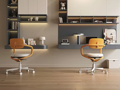 Modern Home Office Desk With Yellow Chairs Wall Shelves And Decorations 3d model