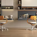 Modern Home Office Desk With Yellow Chairs Wall Shelves And Decorations
