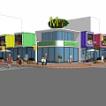 Colorful Container Commercial Street Featuring Outdoor Dining Tables Pedestrians Trees And Cars