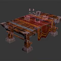 Rustic Wooden Table With Red Tablecloth Green Bottles Metal Accents And Carved Legs