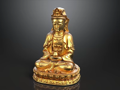 Golden Seated Buddha Statue With Intricate Lotus Base On Black Background 3d model