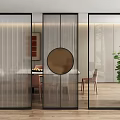 Modern Metal Frame Vertical Ribs Room Divider In Dining Interior With Chairs And Plant