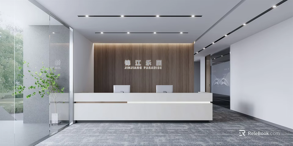 Modern Office Reception Desk With White Counter Wooden Backdrop Two Computers And Ceiling Lights 3d model
