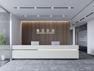 Modern Office Reception Desk With White Counter Wooden Backdrop Two Computers And Ceiling Lights 3d model