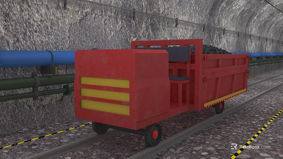 Red Industrial Equipment Vehicle Transporting Coal On Rail Track In Tunnel With Blue Pipeline 3d model 