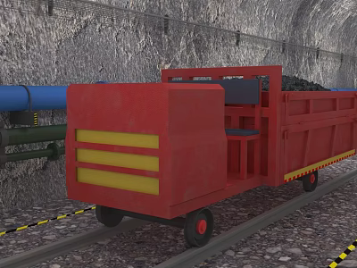 Red Industrial Equipment Vehicle Transporting Coal On Rail Track In Tunnel With Blue Pipeline 3d model