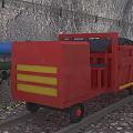 Red Industrial Equipment Vehicle Transporting Coal On Rail Track In Tunnel With Blue Pipeline