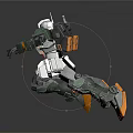 Metallic Armored Mech Warrior In Battle Stance With Green Orange Armor And Detailed Limbs