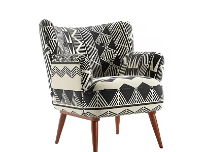 Stylish Single Sofa With Black And White Geometric Pattern And Wooden Legs 3d model