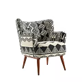 Stylish Single Sofa With Black And White Geometric Pattern And Wooden Legs