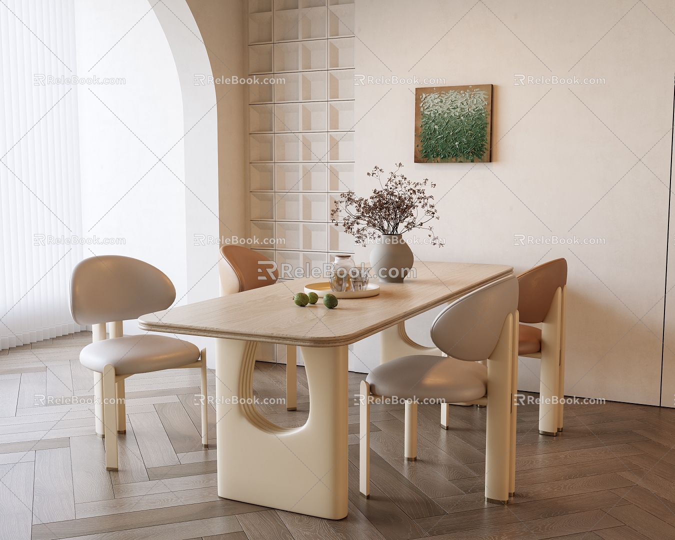 Modern Dining Table and Chair Combination Cream Dining Table and Chair Combination Dining Chair Long Table Vase Floral Art model