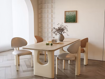 Modern Minimalist Dining Table Set With Wooden Tabletop Upholstered Chairs And Vase Flowers 3d model