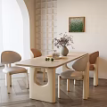 Modern Minimalist Dining Table Set With Wooden Tabletop Upholstered Chairs And Vase Flowers
