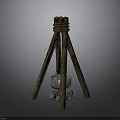 Rustic Wooden Tripod Structure With Hanging Metal Pot And Stone Base