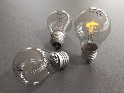 Transparent Glass Light Bulbs With One Lit And Two Unlit On Gray Surface 3d model