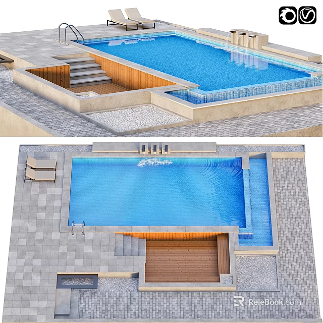 Outdoor Swimming Pool Structure With Concrete Steps Tile Deck And Wooden Platform 3d model