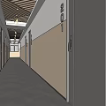 Modern Elevator Hallway With Wooden Ceiling Slats Beige Walls Dark Door Frames And Gray Floor