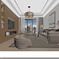 Modern Warm Wood Tone Living And Dining Room Interior With Comfortable Sofas And Panoramic Window
