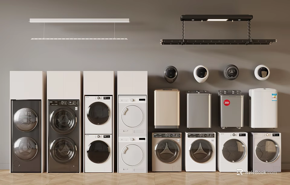 Modern Showroom Display of Various Washing Machine Models and Colors 3d model 