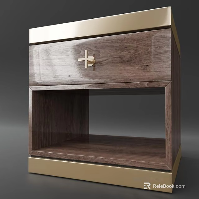 Modern Walnut Wooden Bedside Table With Drawer Open Shelf Gold Metal Handle 3d model 