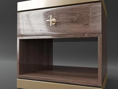 Modern Walnut Wooden Bedside Table With Drawer Open Shelf Gold Metal Handle 3d model
