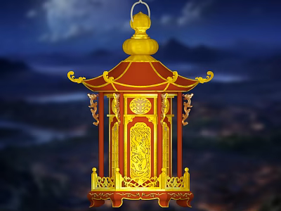 Traditional Red and Gold Lantern With Intricate Carvings Against Mountain Night Sky 3d model
