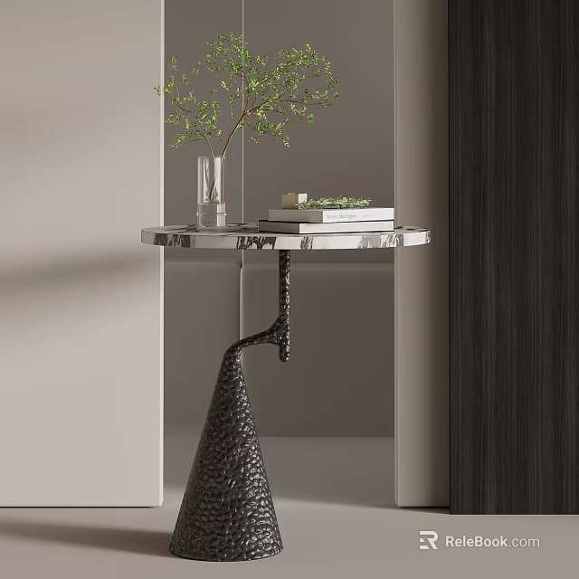 Modern Side Table With Silver Tabletop Black Spiral Base And Green Plant Decor 3d model 