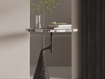 Modern Side Table With Silver Tabletop Black Spiral Base And Green Plant Decor 3d model