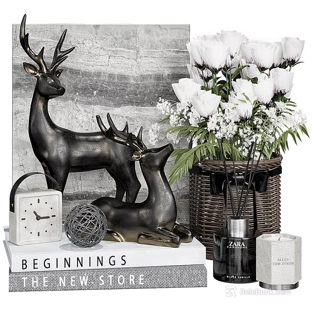 Decorative Ornaments Set With Deer Clock Book Ball Flowers Candle And Diffuser 3d model 