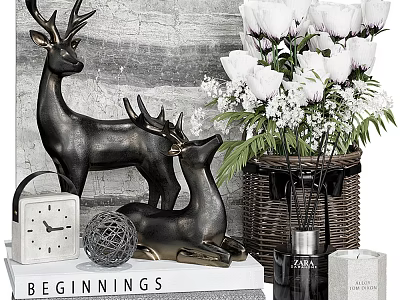 Decorative Ornaments Set With Deer Clock Book Ball Flowers Candle And Diffuser 3d model
