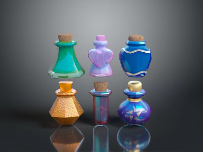 Woman Showing Colorful Magic Potion Bottles With Various Shapes And Cork Stoppers 3d model