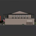 Two Story Hotel Building Featuring Black Roof Arched Windows Front Signboard Flags And Plants