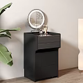 Modern Black Dressing Table With Round Mirror Drawers And Stool 3d model
