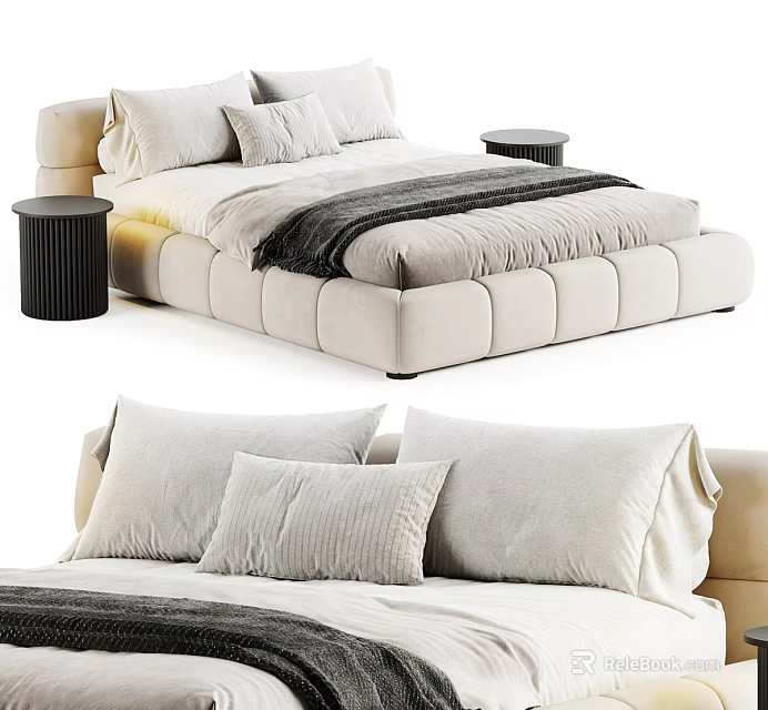 Modern Double Bed With Soft Pillows Gray Blanket And Black Nightstands 3d model 
