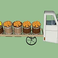 White Three Wheeler Tricycle Carrying Wooden Barrels Loaded With Fresh Oranges